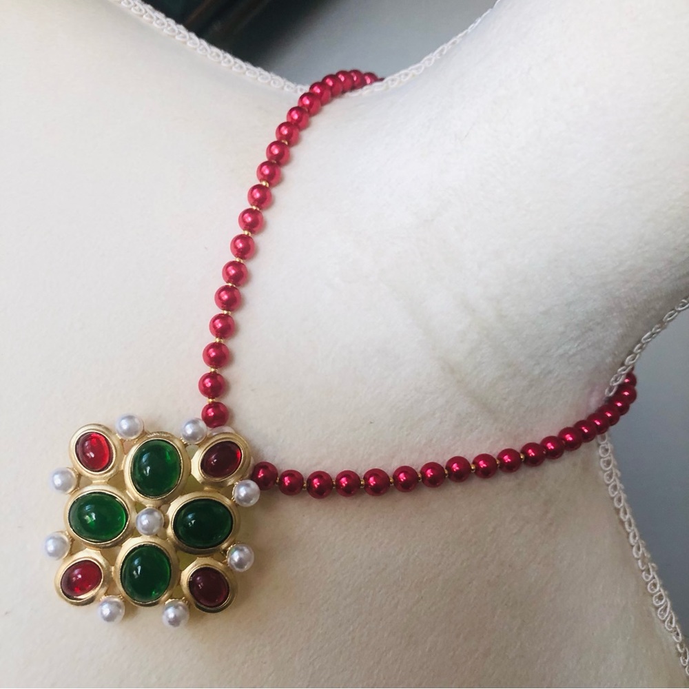 Handcrafted repurpose cabochon glass stone pendant Czech glass Pearl necklace